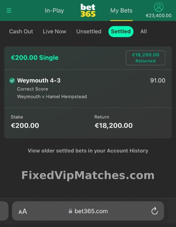 Fixed VIP Matches - Correct Score Match - Proof